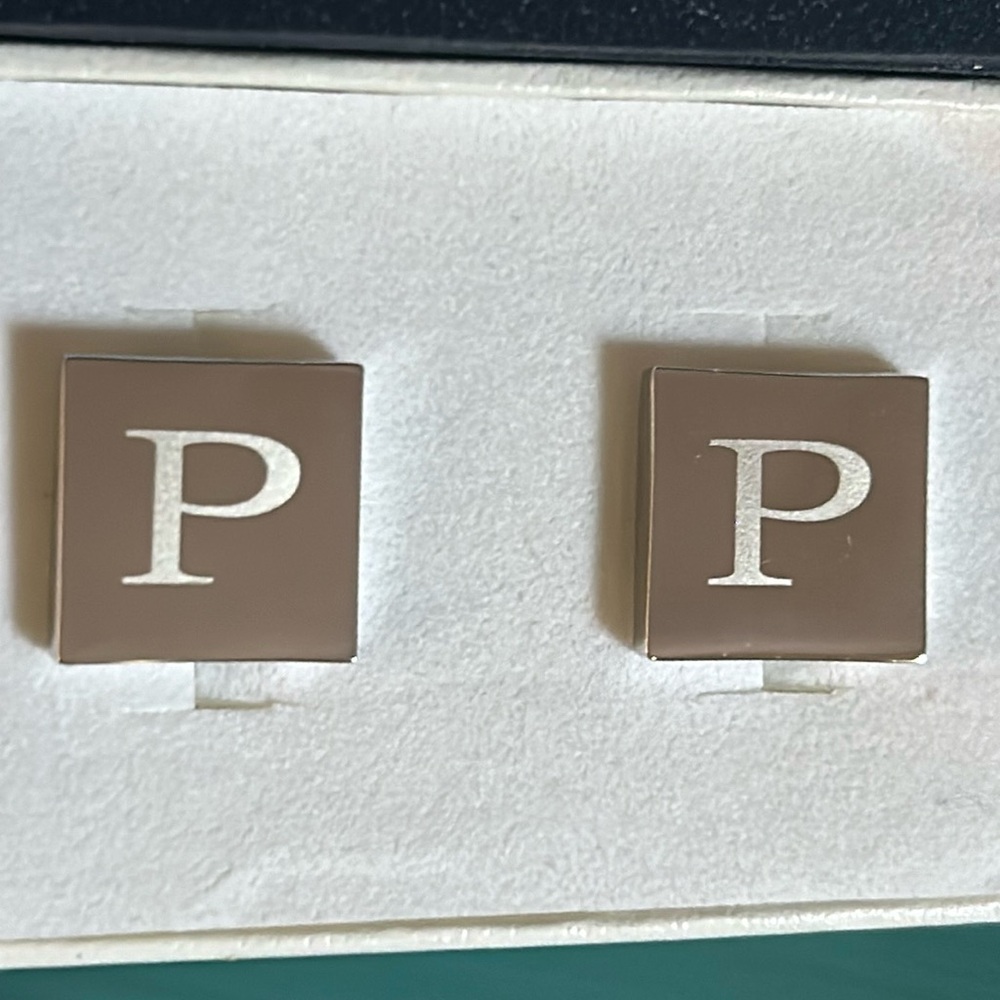 New Dual Monocle Monogrammed “P” Cufflinks Silver Tone in Gift Box